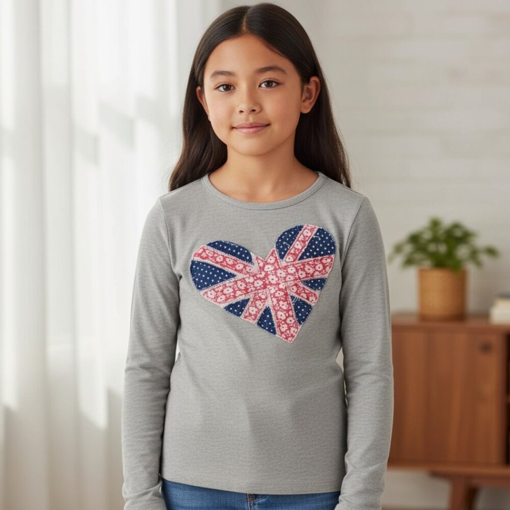 MINI BODEN Gray Long Sleeve Tee 9 10 Girls UK Union Jack Heart Applique